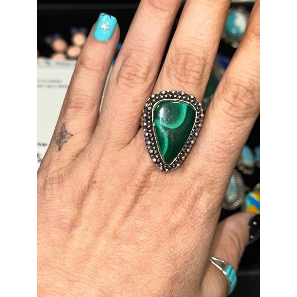 Green Malachite Sterling Silver Overlay Ring Size 10